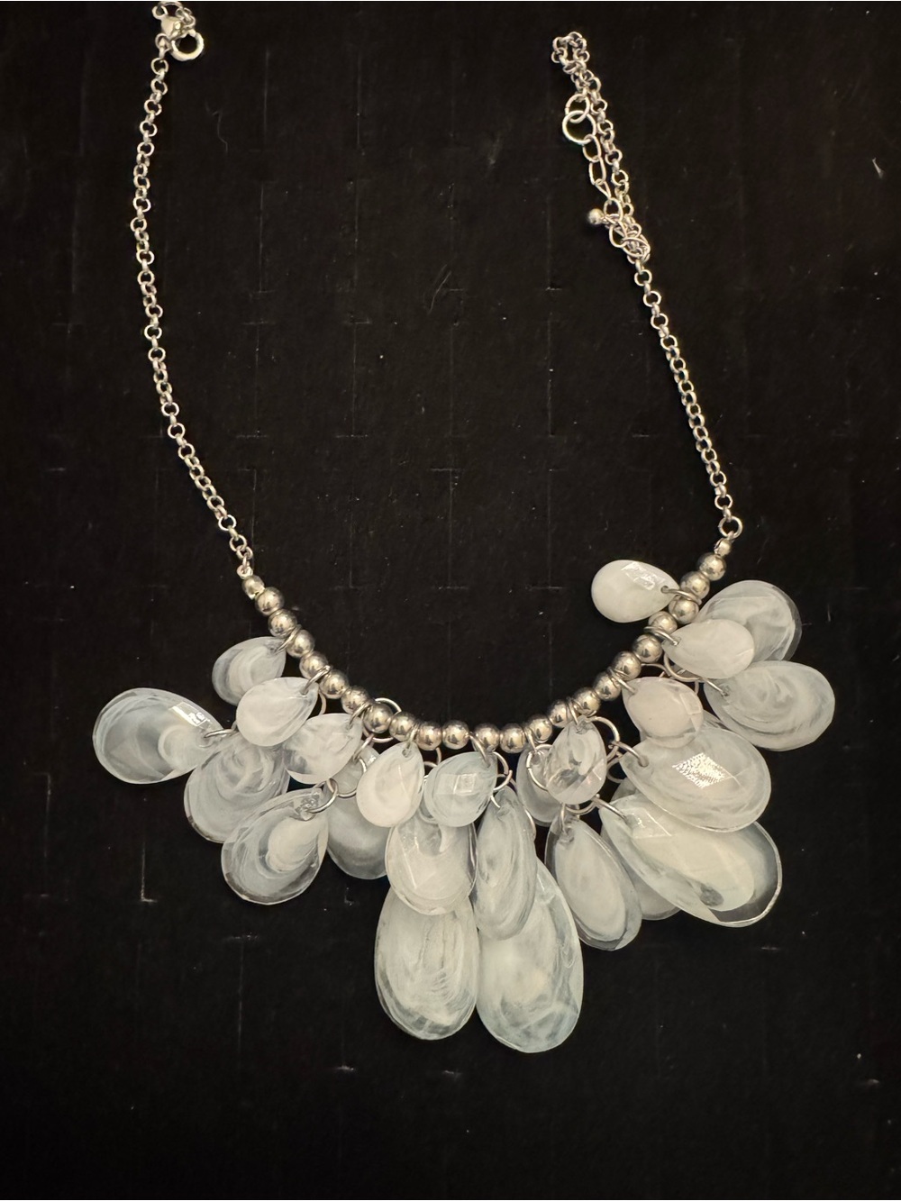White Gray Acrylic Teardrop Statement Bib Necklace Silver Tone Layered Dangle